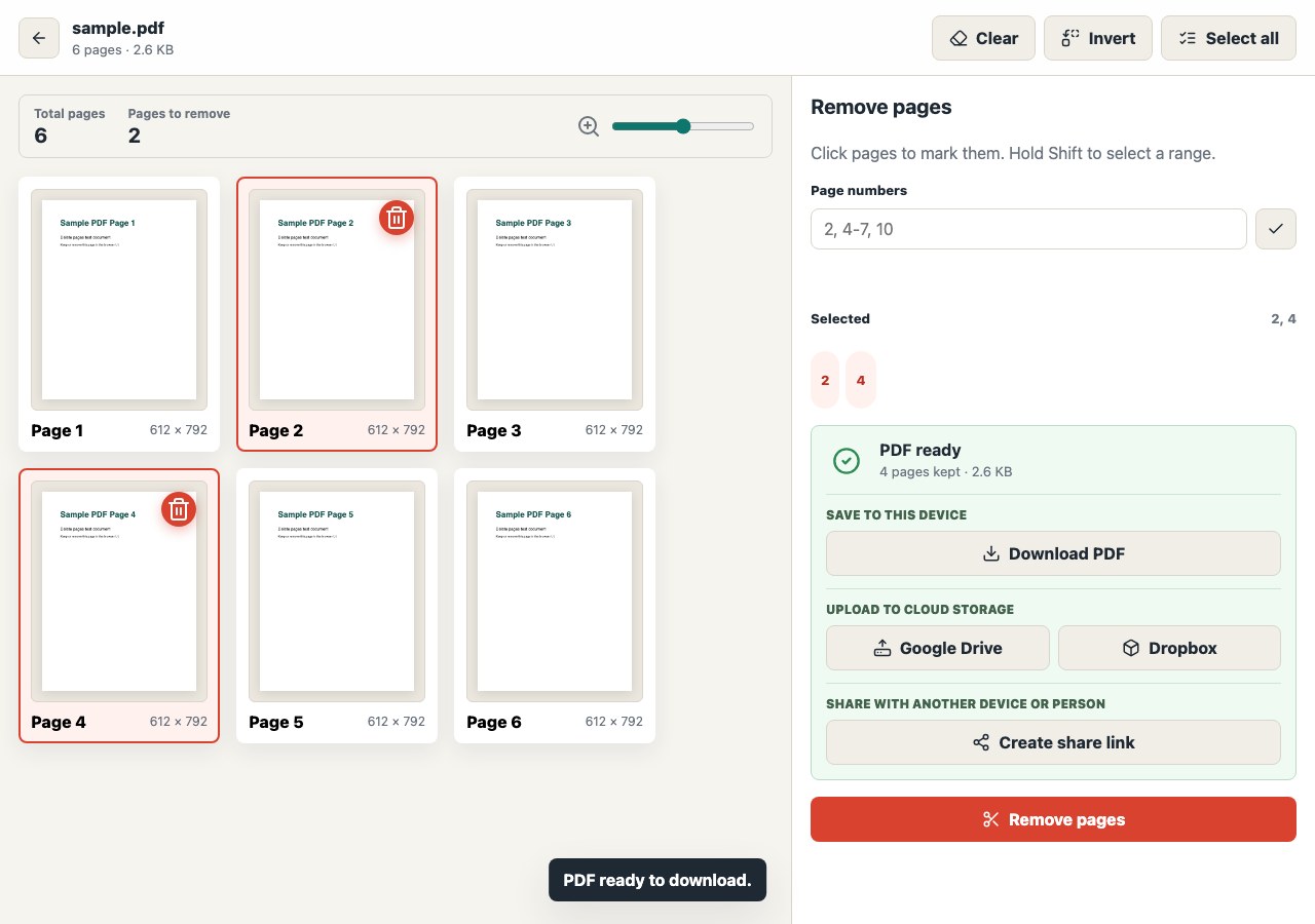 PDF ready panel with download, Google Drive upload, and Dropbox upload buttons
