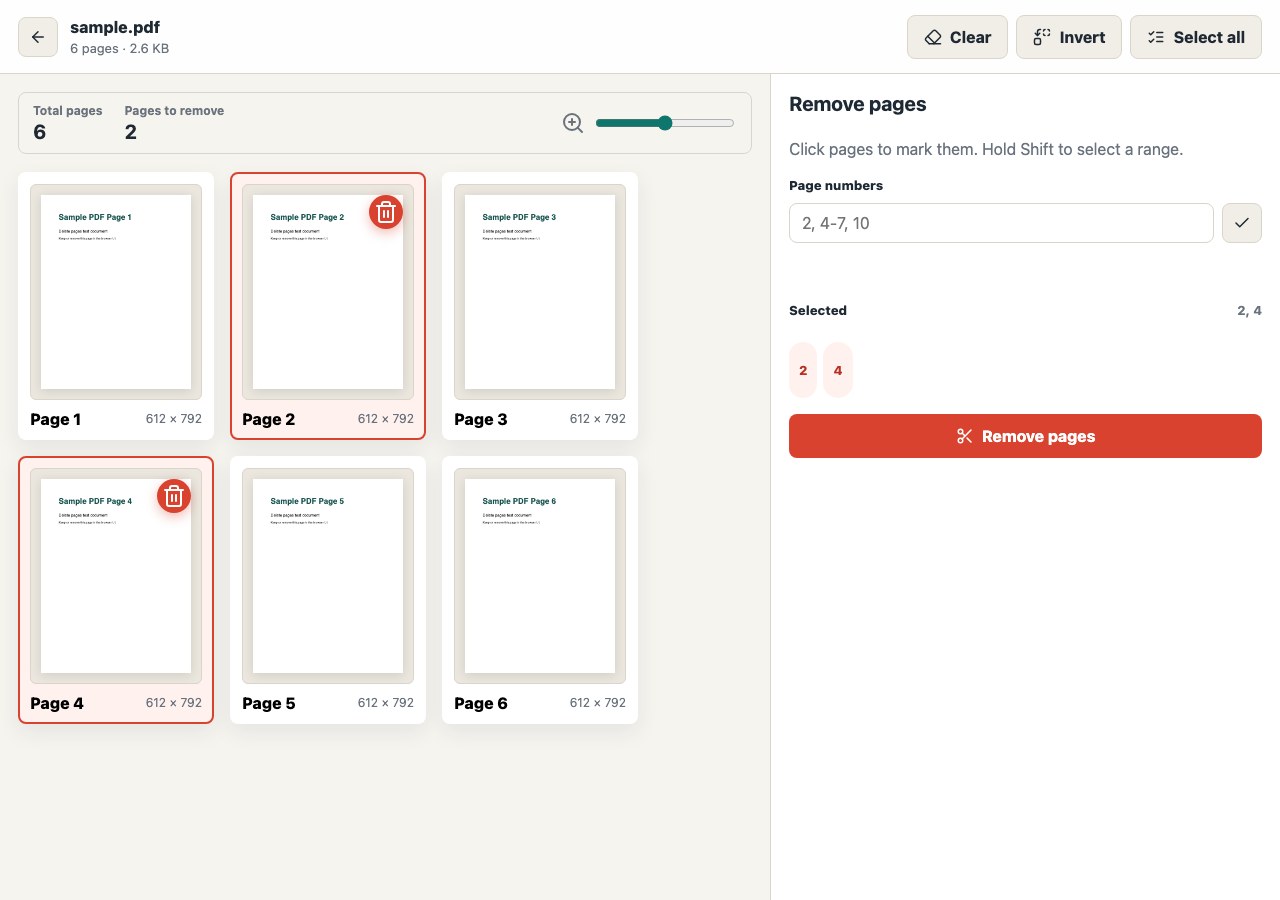 PDF thumbnails resized with selected pages marked