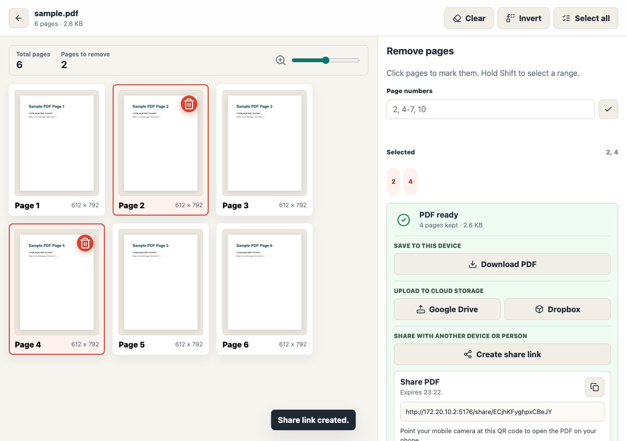 Share panel with link, QR code, WhatsApp, email, Messenger, and Open shared PDF