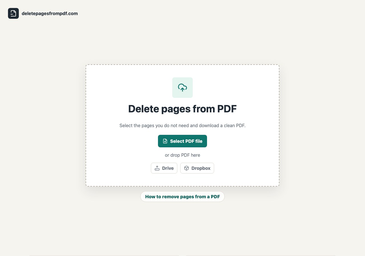 Upload panel with Select PDF file, Drive, and Dropbox buttons
